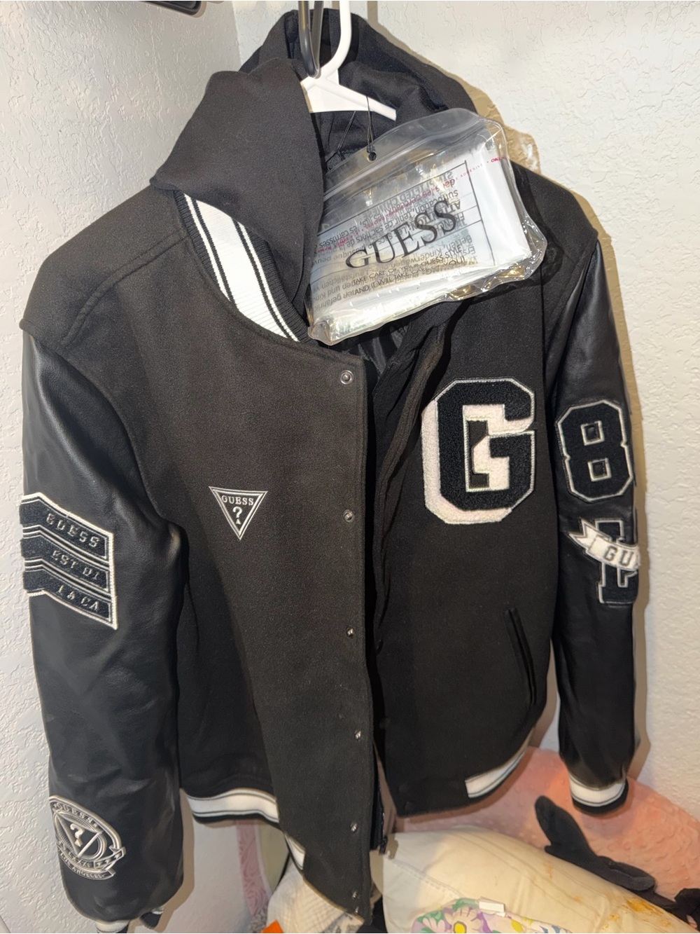 Guess Black and White Leather-Sleeve Varsity Jacket
